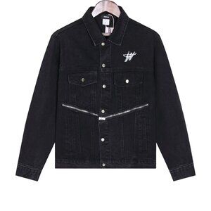 We11done Printed Diagonal Zipper Washed Denim Jacket